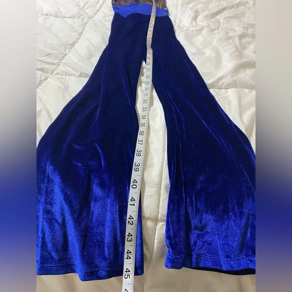 The Line Up Dance Costume unitard blue velvet rhinestone wide leg retro MC 10